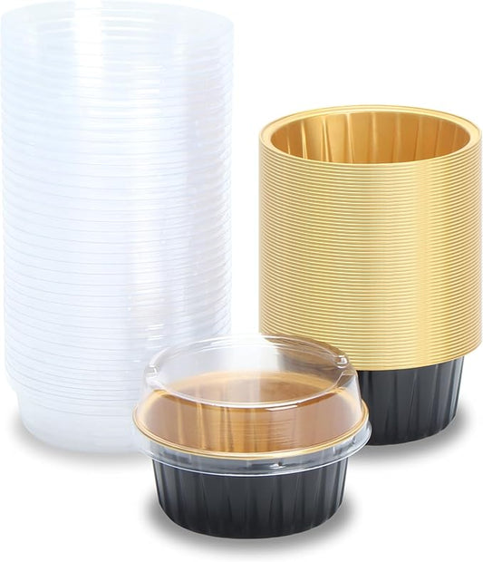 Black Mini Cake Pans with Lids, 4.2oz 50Pcs Black Disposable Ramekins, Black Aluminum Cups with Lids, Disposable Ramekins with Lids for Muffin
