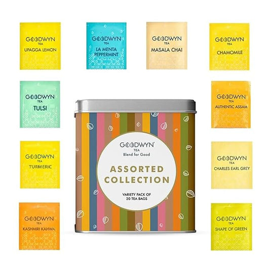 Goodwyn Assorted Herbal Tea Sampler Gift Set Box – 20 Tea Bags (Tulsi, Kahwa, Turmeric, Assam, Green, Lemon & More) | 10 Flavors x 2 Each |Premium Tea Collection in Reusable Tin| Individual bags