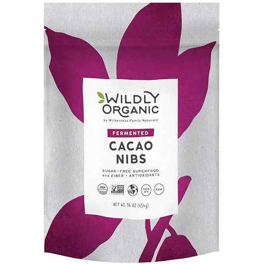 Wildly Organic Fermented Cacao Nibs 16 Oz, 1 lb Bag - Organic, Non-Alkalized, Minimally Processed, Raw, Non-GMO, Kosher, Vegan, Premium Rich Chocolate Flavor | Perfect in Smoothies, Yogurt, Oatmeal, Granola, Baking, Fruits, & Ice Cream