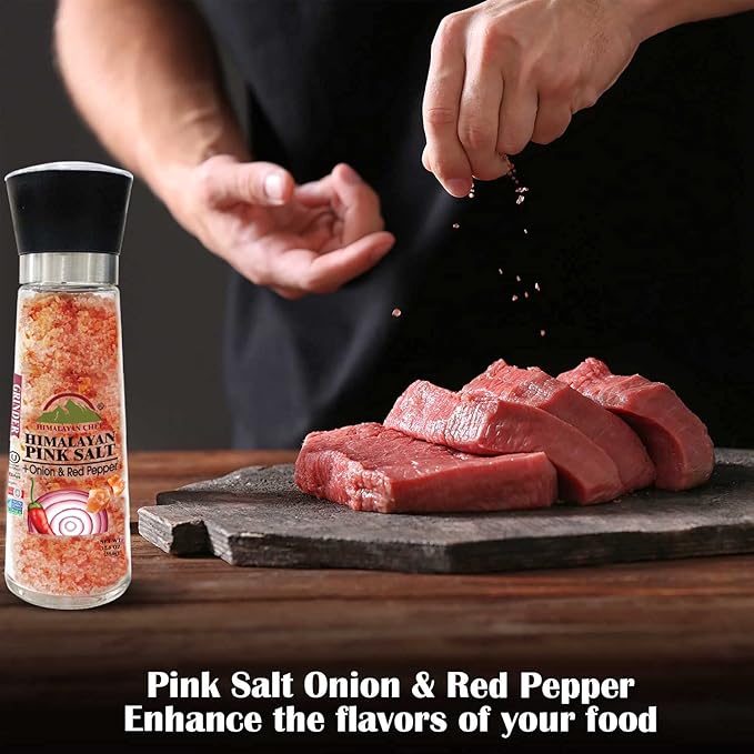Himalayan Chef Pink Salt with Roasted Onion & Red Crushed Pepper, Tall Glass Grinder, 10.58 Oz