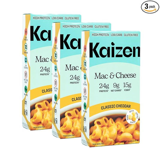 Kaizen High Protein Cheddar Mac & Cheese - Low Carb, Keto Friendly, High Fiber, Gluten-Free, Plant-Based, Non-GMO - 6.4 Ounces (Pack of 3)