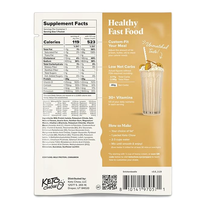 Keto Chow Snickerdoodle | Keto Meal Replacement Shake Powder | Nutritionally Complete Keto Food | Low Carb Keto Meals | Delicious Easy Meal Substitute Drink | Protein Rich You Choose The Fat| 21 Meal