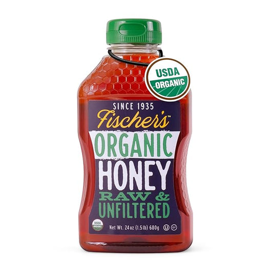 Fischer's 100% Organic Honey, USDA Certified, 24 Oz – Pure, Raw & Unfiltered Honey – All-Natural Sweetener – Rich Flavor Profile, Packed with Nutrients