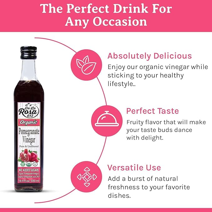 De La Rosa Organic Pomegranate Vinegar, Pure & Unfiltered, Vegan, Gluten Free & Kosher, Great for Salad Dressing, Marinades, 100% Pure Pomegranate Vinegar 16.9 Oz (pack of 2)