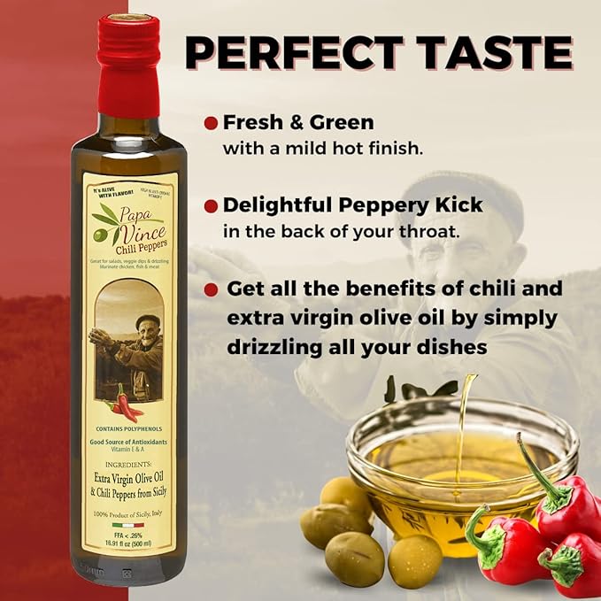 Papa Vince Olive Oil Extra Virgin - First Cold Pressed, Polyphenol Rich Olive Oil (EVOO). Chili Pepper Agrumato, Unfiltered, Single Sourced, Glass Bottle, Family made, Sicily, Italy