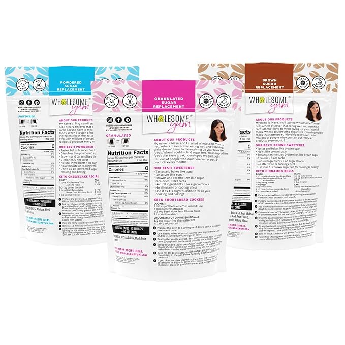 Wholesome Yum Besti Natural Sugar Substitute Multi Pack - Granulated, Powdered, Brown - Monk Fruit Sweetener Blend With Allulose (No Erythritol) - Keto, Non GMO, Zero Calorie, Zero Carb (12 oz 3-Pack)