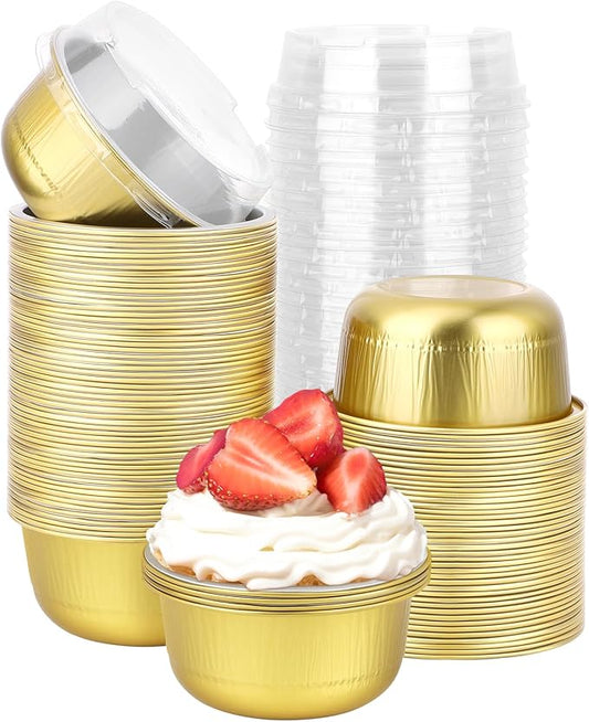 Beasea Aluminum Ramekins With Lids, 100 Pack 6.1oz 180ml Disposable Foil Aluminum Baking Cups Round Oven Baking Mini Cupcake Cups for Party - Gold