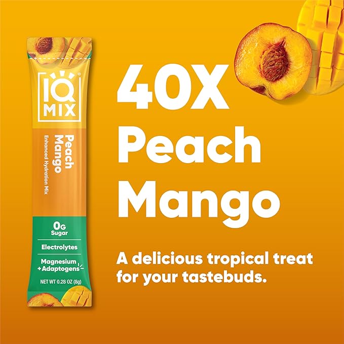IQMIX Hydration Electrolyte Powder ??4-in-1 Formula for Hydration, Mental Clarity, Mood and Recovery ??Sugar-Free Drink Mix, Keto, Magnesium L-Threonate, Lion?™s Mane ??40 Count Peach Mango