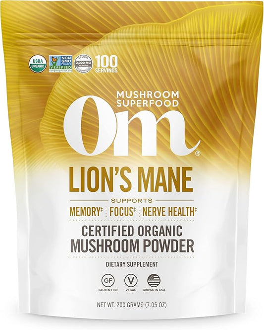 OM MUSHROOM SUPERFOOD Lion's Mane Organic Mushroom Powder, Improves Memory, Focus, Clarity, Nerve