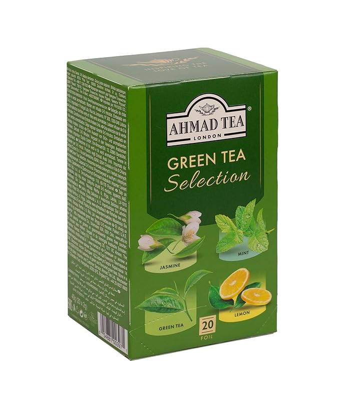 Ahmad Tea Green Tea, Green Tea Selection, Lemon Green Tea, Jasmine Green Tea, Mint Green Tea, & Green Tea Teabags, 20 ct (Pack of 1) - Caffeinated & Sugar-Free