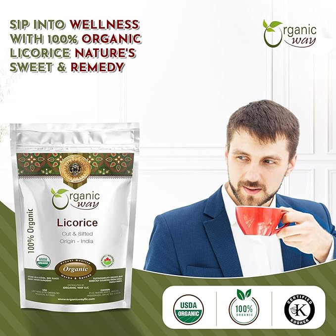 Organic Way Licorice Root Cut & Sifted (Glycyrrhiza glabra) - Herbal Tea | Kosher & USDA Certified | Vegan, Non-GMO & Gluten Free | Resealable Bag | 100% Raw from India (1/4LBS / 4OZ)