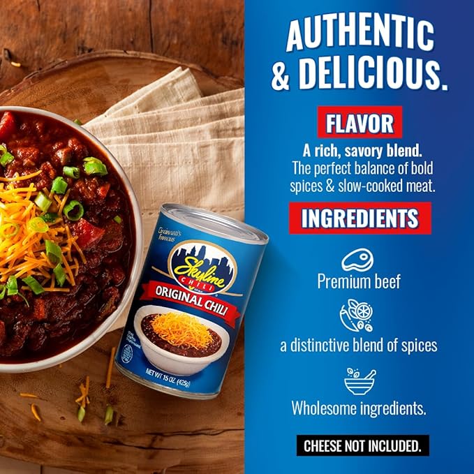 Skyline Chili Bundle - 8-Pack of 15oz Cans Original Chili, (1) 6oz Skyline Hot Sauce Bottle - Authentic Cincinnati Ground Beef Chili with No Beans - Ready to Heat Meal for Hot Dogs, Spaghetti & More