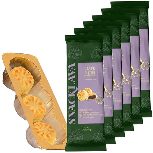 Snacklava Pistachio Date Bites - 6 Pack (3 Pieces per Pack) - Pistachio and Date Filled Maamoul Shortbread Cookies - No Artificial Ingredients, Colors or Preservatives