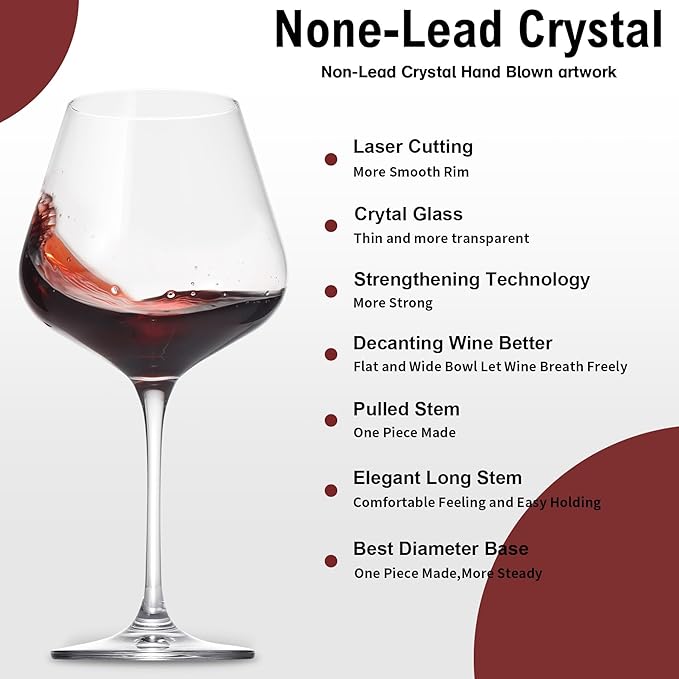 Red Wine Glasses Set of 4, Hand Blown Italian Style Crystal Burgundy Wine Glasses, Lead-Free Premium Clear Glass [23 oz/650ml，4 Pack ]