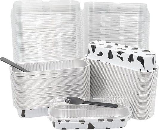 100 Pack 6.8oz Aluminum Cake Pans with Lids Rectangle Mini Loaf Pans Baking Cups Disposable Cupcake Baking Tins with 100 Pcs Plastic Spoons, Cow Print