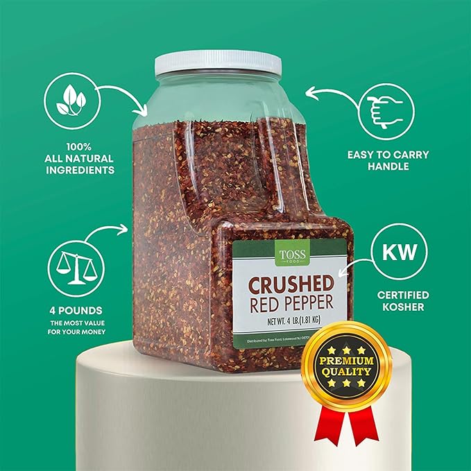 TOSS Crushed Red Pepper Flakes, Red Chili Bulk Spice 4 LB Container, Hot Pepper Flakes For Pizza Seasoning, Great for Chowder, Seafood, Pasta Seasonings and Spices for Cooking