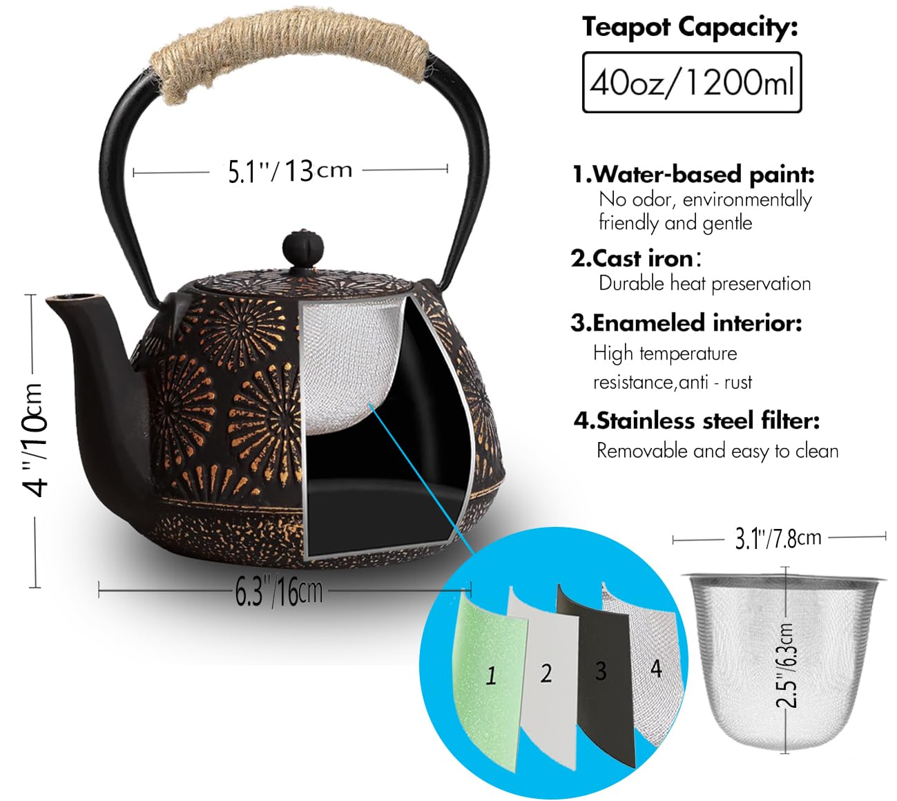 TiwisiTe Cast Iron Teapot 40oz Infuser, Gold Gilt Enamel Lining