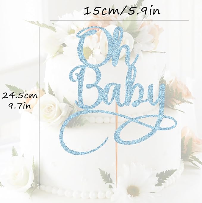Oh Baby Cake Topper - Light Blue Glitter Baby Birthday Party Cake Decoration Supplies, for Baby Shower/Gender Reveal Party Photo Booth Props