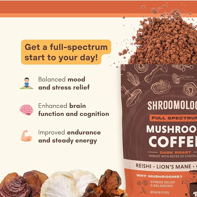 360 Nutrition Instant Mushroom Coffee with Reishi, Lion?™s Mane, Chaga Superfood Mushrooms for Natural Energy, Focus and Immunity | Dark Roast, No Added Sugar 5 oz (Full Spectrum)