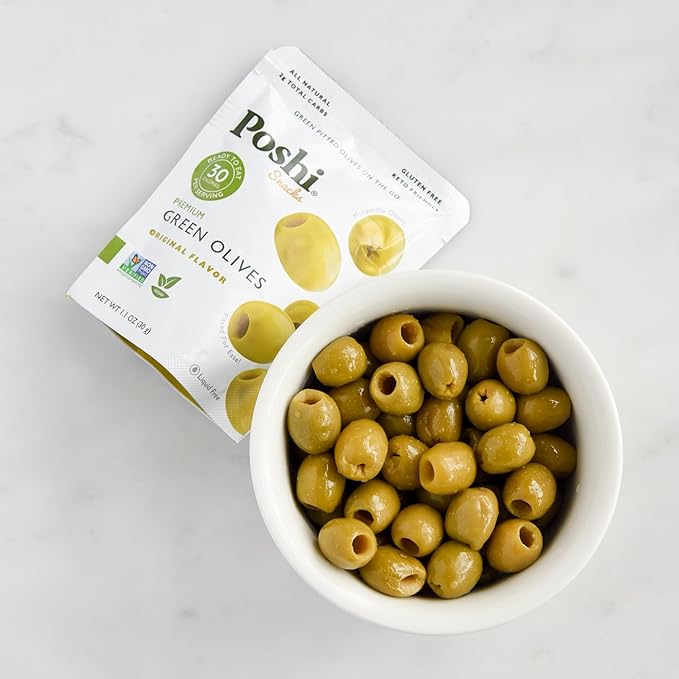 Poshi Green Olives On-The-Go - Original Flavor - Single Serve Pitted Olives - Convenient and Healthy Snack Packs - All Natural, Non-GMO, Kosher, Gluten-Free - 1.1 Oz Bags (10/Pack)