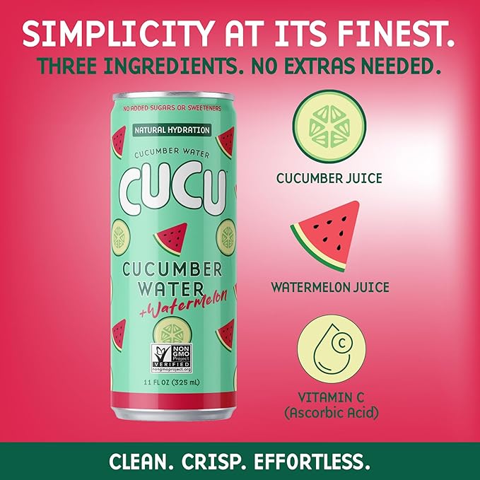 CUCU Cucumber Water + Watermelon Water ??Natural Hydration from Cucumbers with Vitamin C, Electrolytes & Antioxidants ??No Sugar Added, Non-GMO ??12 Pack, 11 fl oz Cans