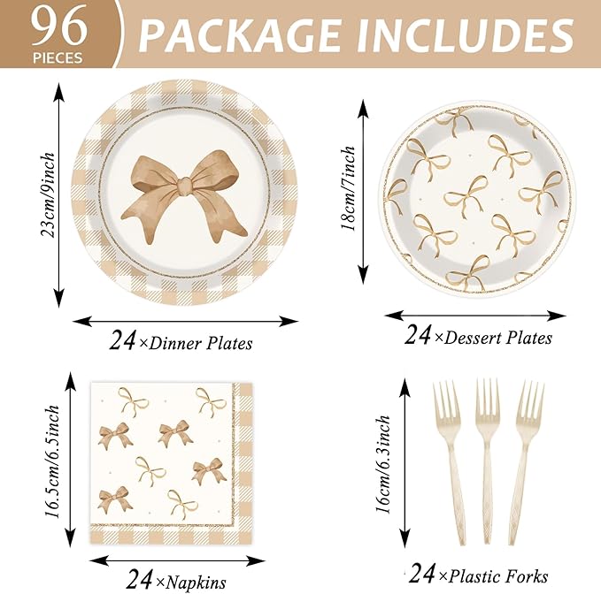 96Pcs Beige Plaid Bow Plates and Napkins Coquette Party Decorations Bow Theme Dessert Paper Plates Napkins Forks Birthday Tableware Set for 24 Guests Girls Boys Baby Shower Picnic BBQ Party Supplies