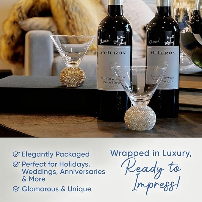 Stemless Martini Glasses Set of 2, Silver Stemless Modern Cocktail Glass, Crystal Ball Base in Elegant Box, Perfect Bar Accessories for Margarita, Manhattan, Cosmos, Mixed Drinks, and Desserts