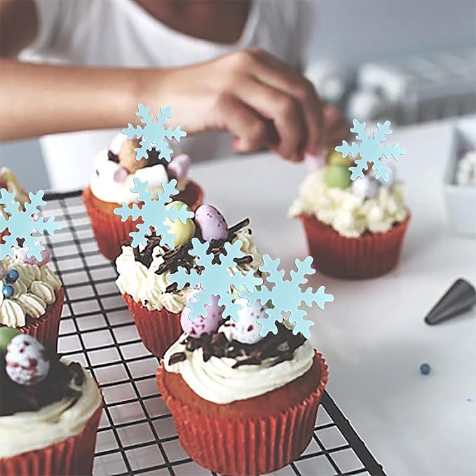 Rsstarxi 50 Pack Edible Snowflake Cake Toppers Snowflakes Cake Decorations Winter Frozen Snowflake Cupcake Toppers for Winter Theme Baby Shower Birthday Party Cake Decorations Blue