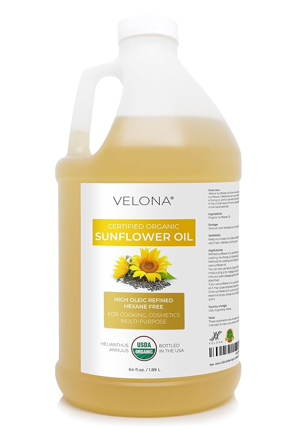 velona USDA Certified Organic Sunflower Oil - 64 Fl Oz | 100% Pure and Natural Carrier Oil | High Oleic, Refined| Cooking, Skin, Hair, Body & Face Moisturizing