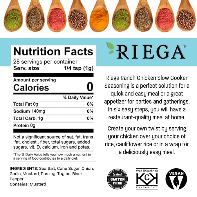 Riega Ranch Chicken Slow Cooker Seasoning, Perfect Dry Powder Mix for Ranch Seasoning Chicken, 1 Ounce (Pack of 8)