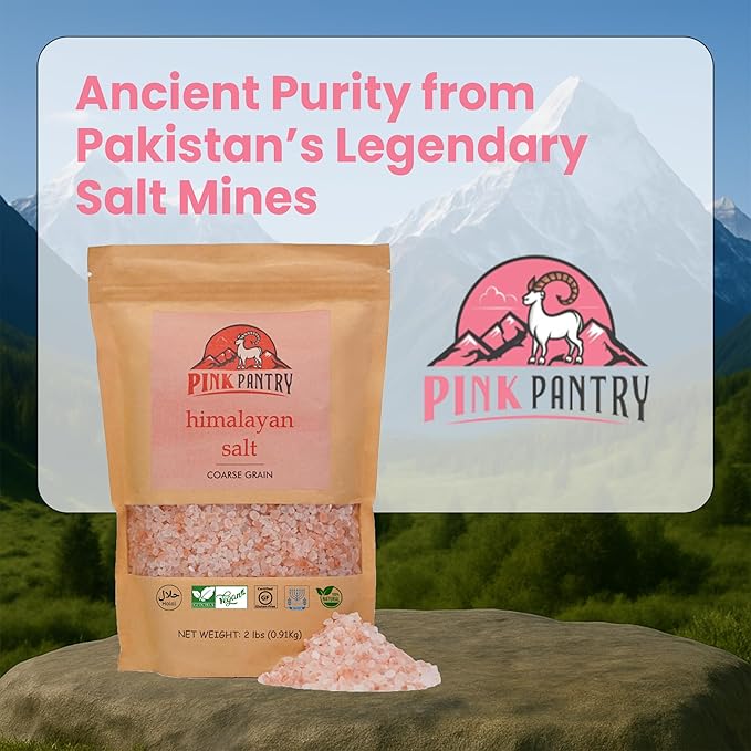Pink Pantry Himalayan Pink Salt, 100% Pure Himalayan Salt, Non-GMO, Kosher Certified, No Additives, Ideal for Cooking, Seasoning & Gourmet Dishes, Rich in Trace Minerals, 2lb Pouch, Coarse Grain
