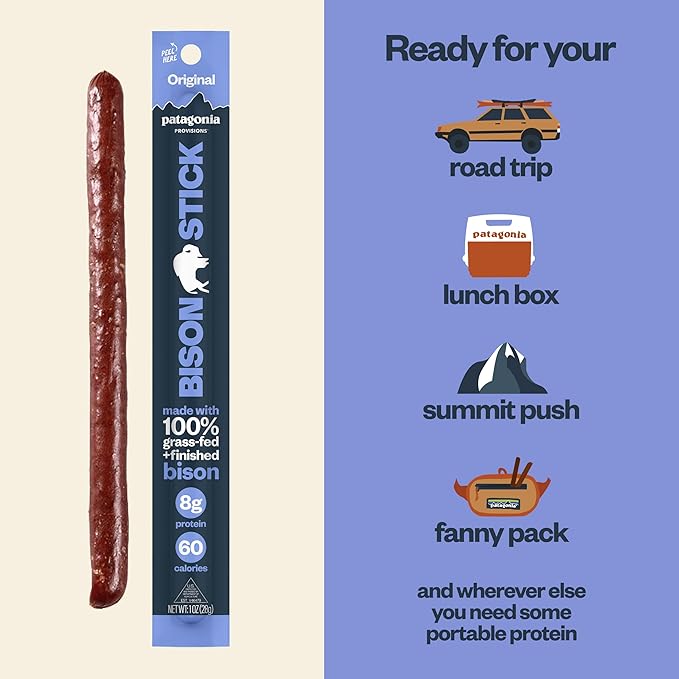 Patagonia Provisions Bison Sticks - Original | 100% Grass-Fed, 8g of Protein, 60 Calories | No Artificial Ingredients, Added Flavors, Fillers, or Nitrates | Pack of 12, 1 oz Each