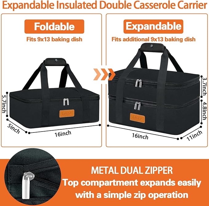 LHZK Double Insulated Casserole Carrier, Expandable Casserole Carriers for Hot or Cold Food, Insulated Food Carrier for Travel, Parties, Picnic, Fits 11 x 15 or 9 x 13 Baking Dish(Black)