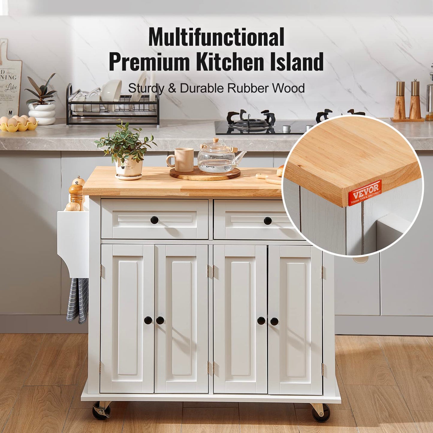 VEVOR Kitchen Island Cart with Solid Wood Top, 35.4" Width Mobile Carts with Storage Cabinet