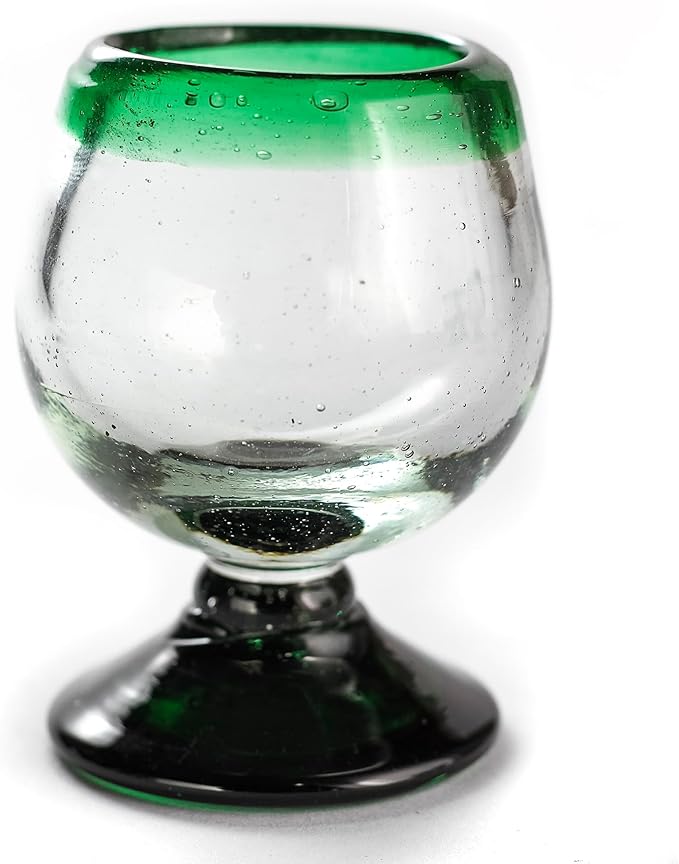 Authentic Mexican Tequila Hand Blown Shot Glasses - Set of 4-2 oz - Mini Glass Snifters - Heavy Base - Cognac (Green Rim)
