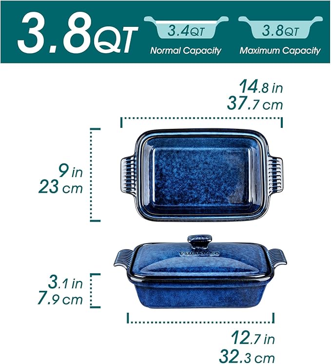 vancasso Starry 3.8 Quart Casserole Baking Dish, large lasagna pan with lid, 9x13 inch Stoneware casserole with lid, Microwave, Dishwasher Safe, Blue