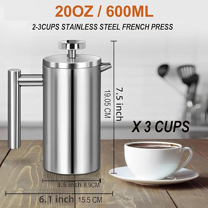 Small Stainless Steel French Press Coffee Maker 21oz(3 Cups), Double Wall Insulated for Hot& Cold Brew, Compact Coffee& Tea Press for Camping, Office, Travel with 3 Ultra-Fine Filters & Spoon- Silver