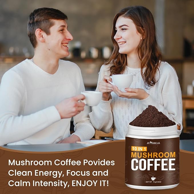 JUYIHEAL Mushroom Coffee, 10 in1 Mushroom Powder Coffee with Lions Mane, Chaga, Reishi, Cordyceps, Maitake, Shiitake, and Turkey Tail for Energy, Focus, Immune Support, 72g