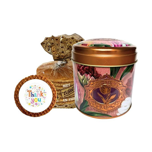 DeReuze Stroopwafels Gift Set – Authentic Caramel Waffle Cookies in Decorative Purple Tulip Tin – Gifts from Netherlands with Messages – Unique Food Gift for Any Occasion (Thank You)