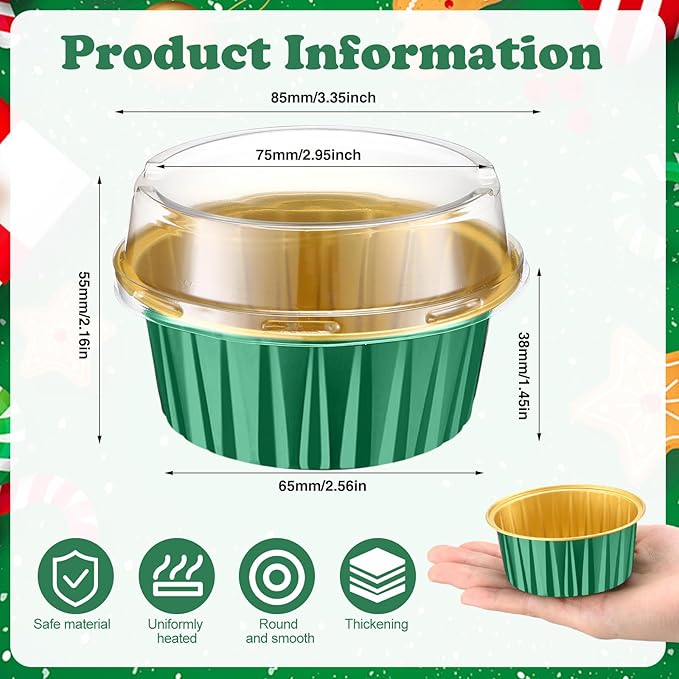 Gejoy 400 Pcs Aluminum Foil Baking Cups with Lids 5 oz Disposable Ramekins Mini Cake Pans Creme Brulee Cupcake Liners Muffin Tins Flan Mold Dessert Container for Wedding (Dark Green,Gold,Classic)