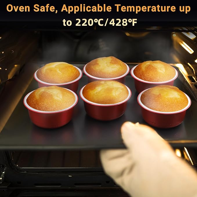 Beasea Disposable Baking Cups With Lids, 50 Pack 6.1oz 180ml Aluminum Foil Ramekins Round Baking Mini Cupcake Oven Cups for Party - Red
