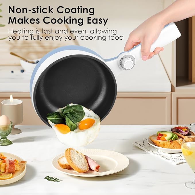 Audecook Hot Pot Electric, 1.7L Mini Electric Skillet Portable Nonstick Saut챕 Pan with Power Adjustment, Rapid Noodles Cooker Travel Multicooker for Steak/Soup/Egg/Oatmeal/Noodles