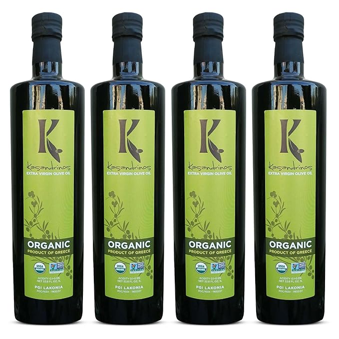 Kasandrinos Organic Olive Oil Extra Virgin, Polyphenol Rich Greek Olive Oil, 100% Organic First Cold Pressed, Mild + Delicate Flavor, Verified by Non GMO, 1 L / 33.8 oz (Pack of 4)