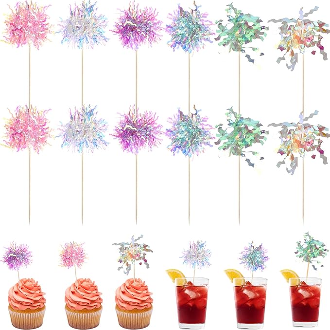 240 Pcs Firework Cupcake Toppers Foil Frill Toothpicks Cake Decorations Sparkle Tinsel Cupcake Toppers Cocktail Picks Firework Party Picks for Holiday Party Favors Supplies (6 Color)