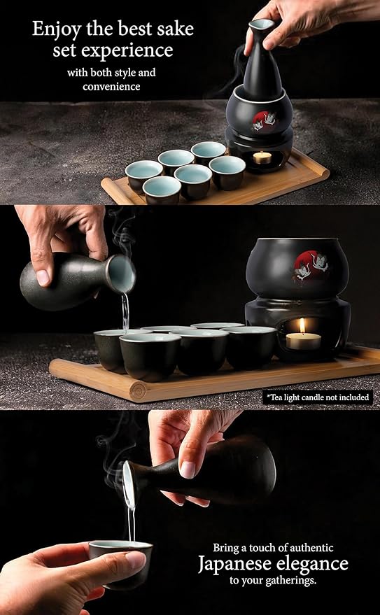 Japanese Sake Cup Set with 6 Ceramic Cups, 1 Ceramic Sake Bottle, 1 Ceramic Sake Warmer, Bamboo Tray, and Cloth Carrying Case - Perfect Hot Sake Set for Authentic Japanese Experience