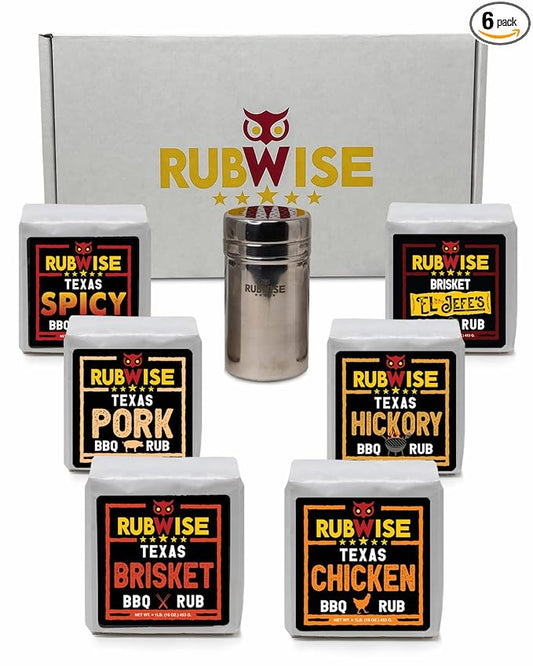 RubWise Texas Style BBQ Rub Gift Set (6 x 1 lb bags) | Meat Spice and Seasoning Variety Pack | Smoking & Grilling Gifts for Men | Brisket Rubs, Chicken, Pork, Hickory, Spicy, El Jefe | Shaker Included
