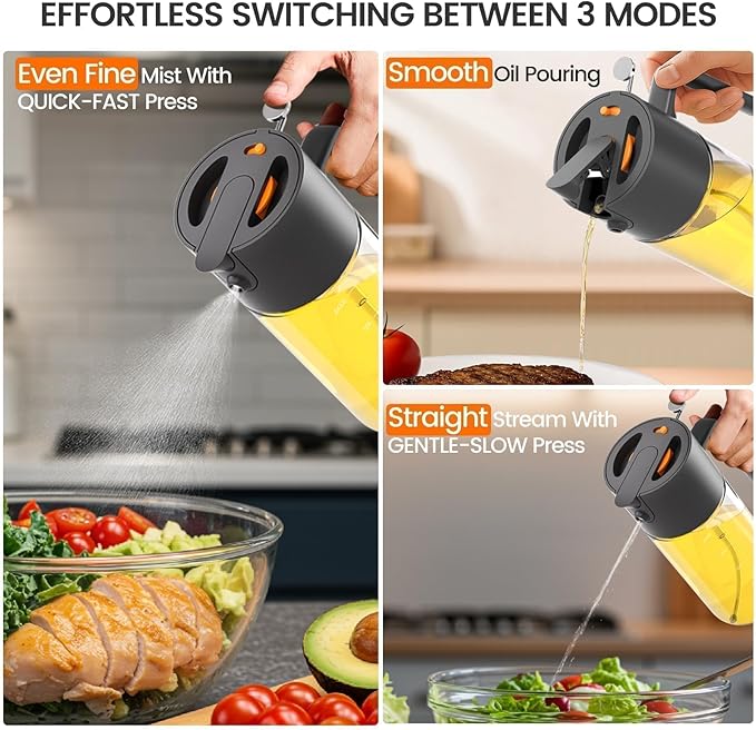 Oil Sprayer for Cooking, 2025 Large Advanced Olive Oil Dispenser Bottle,500ml/17oz Glass Olive Oil Sprayer,2 in 1 Even Spray with Portion Control for Kitchen, Air Fryer, Salad, BBQ - Black