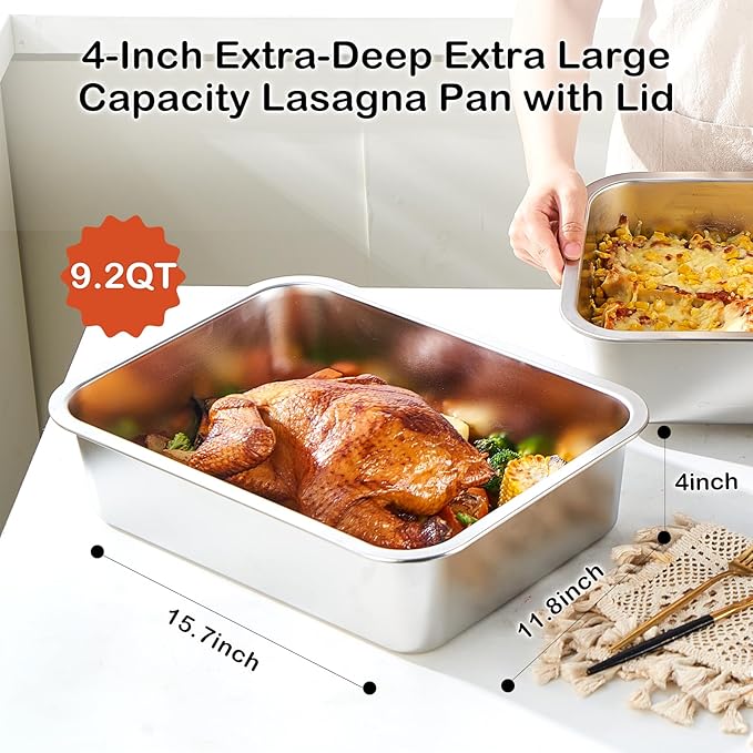 4 Inch Extra Deep Lasagna Pan with Lid, 11.8x15.7Inch 9.2QT Large Stainless Steel Nonstick Lasagna Baking Roasting Dish Pan for Oven(L, 1 Pack)