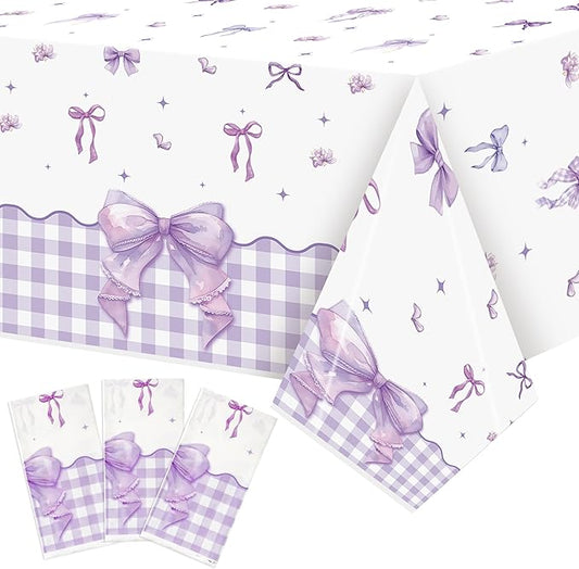 3Pcs Purple Bow Party Tablecloths - Coquette Bow Knot Party Table Covers Decorations Coquette Purple Rectangular Plastic Disposable Table Cloth Decor for Kids Girls Women Birthday Baby Shower Supplies