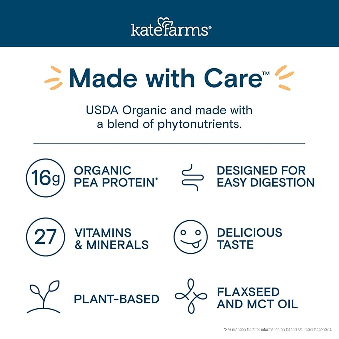 KATE FARMS Organic 1.2 Glucose Support Shake, Vanilla, 16g Protein, 27 Vitamins and Minerals, Meal Replacement, 8.45 oz (6 Pack)
